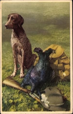 Ansichtskarte / Postkarte Jagdhund, Erlegtes Huhn, Gewehr, Hut