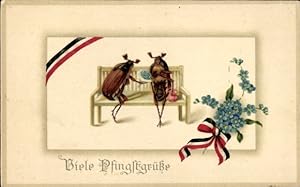 Ansichtskarte / Postkarte Frohe Pfingsten, Zwei Maikäfer auf einer Bank, Vergissmeinnicht