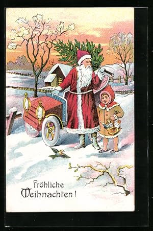 Ansichtskarte Weihnachtsmann mit Auto im Schnee