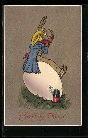 Ansichtskarte Osterhase mit Horn auf Ei