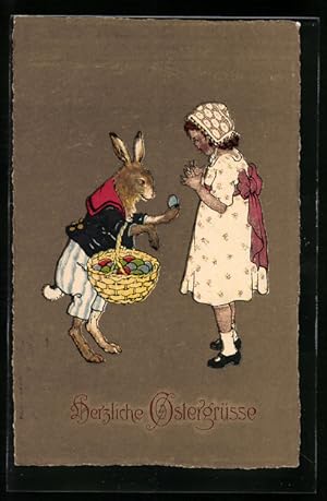 Künstler-Ansichtskarte Osterhase schenkt einem Kind ein buntes Ei
