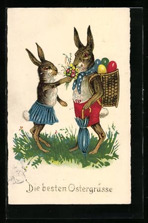 Ansichtskarte Zwei Osterhasen mit Eierkorb und Blumenstrauss