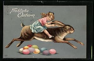 Künstler-Ansichtskarte Mädchen reitet auf Osterhasen über die bunten Eier