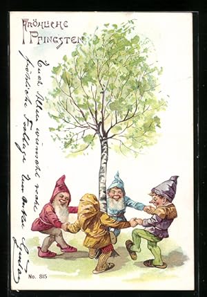 Künstler-Ansichtskarte Zwerge tanzen um einen Birkenbaum
