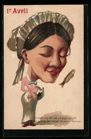 Präge-Ansichtskarte Frau mit grossem Kopf und Fisch zum 1. April