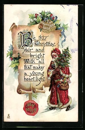 Präge-Ansichtskarte Weihnachtsmann mit Christbaum und Geschenken, Gedicht