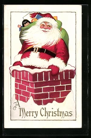 Ansichtskarte Weihnachtsmann mit Geschenken in einem Schornstein