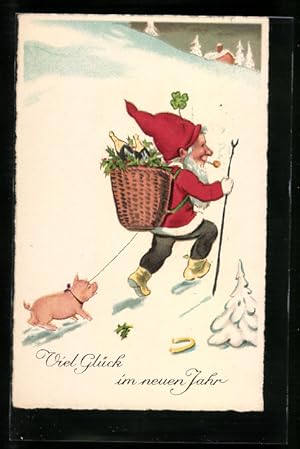 Ansichtskarte Neujahrsgruss, Zwerg mit Ferkel auf dem Weg zu einer Hütte