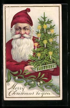 Präge-Ansichtskarte Weihnachtsmann hält glücklich einen Christbaum