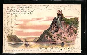 Ansichtskarte Die Loreley, Göttin spielt Lyra auf dem Berg