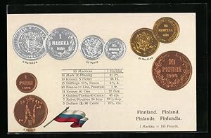 Ansichtskarte Finnland, verschiedene Geldmünzen der finnischen Währung Markka, Pennia