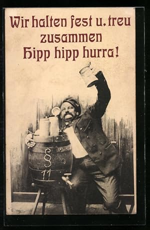 Ansichtskarte Trinkerhumor, Mann mit Bierkrug in der Hand umarmt sein Bierfass