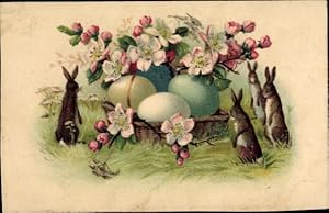Litho Ostern, Osterhasen am Korb mit Ostereiern und Blüten