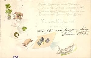 Präge Ansichtskarte / Postkarte Glückwunsch Neujahr, Vermenschlichtes Schwein, Hufeisen, Kleeblätter