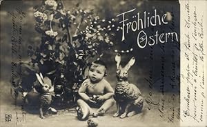 Ansichtskarte / Postkarte Glückwunsch Ostern, Baby, Osterhasen, Ostereier