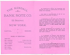 Seller image for (Railroad - Printing)- Currency) The Kendall Bank Note Co. 155 Broadway New York "We respectfully solicit the engraving and printing on steel of certificates of stock and bonds, for railroads." for sale by Dale Steffey Books, ABAA, ILAB