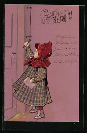 Ansichtskarte Bonne Année, Mädchen mit Brief klingelt an der Tür