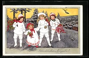 Ansichtskarte Kinder spazieren im Schnee, Neujahr
