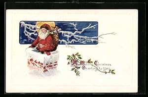 Ansichtskarte Merry Christmas Greetings to You, Weihnachtsmann mit Geschenksack auf dem Schornstein