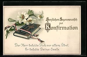 Präge-Ansichtskarte Lilien und Bibel zur Konfirmation