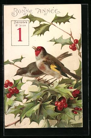 Ansichtskarte Vögel auf einem Beerenzweig, Neujahr