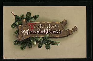 Präge-Ansichtskarte Tannenzweig und Gruss zu Weihnachten