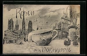 Künstler-Ansichtskarte Rouen, Nachttopf auf einem Platz im Regen