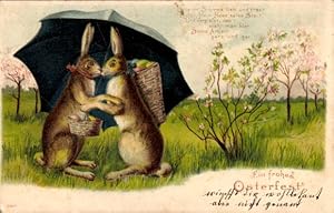 Präge Ansichtskarte / Postkarte Glückwunsch Ostern, Küssende Hasen, Regenschirm