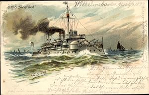 Präge Künstler Litho Siehl, Deutsches Kriegsschiff, SMS Siegfried, Küstenpanzerschiff