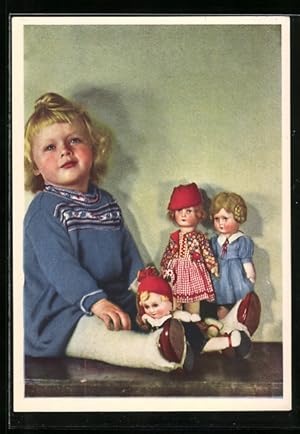 Ansichtskarte Ein kleines Mädchen mit drei Puppen