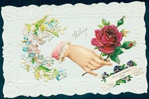Präge Ansichtskarte / Postkarte Glückwunsch Neujahr, Weibliche Hand, Rose, Vergissmeinnicht