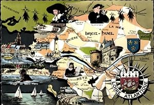 Landkarten Ansichtskarte / Postkarte Bretagne, Wappen, Bretonische Tracht, Retz, Briere, Breiz-Huel