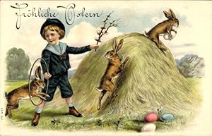 Ansichtskarte / Postkarte Glückwunsch Ostern, Hase springt duch einen Reifen, Ostereier, Weidenkä...