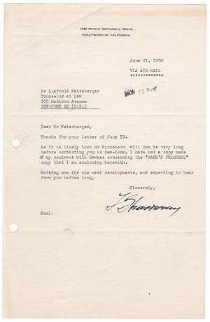 Stravinsky, Igor (1882-1971) - Typed letter signed re: his opera Rake's Progress