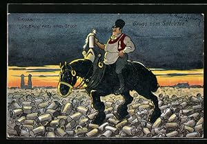 Künstler-Ansichtskarte Biertrinker auf schwarzem Pferd reitet über Bierhumpen