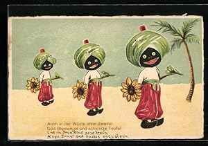 Ansichtskarte Kleine Afrikaner mit Sonnenblumen in der Wüste, Kolonialhumor