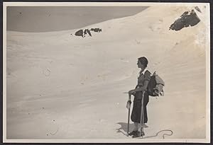Switzerland 1937, Plateau Rosa, Female climber observing the horizon, Vintage photography