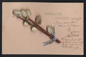 Trockenblumen-Ansichtskarte Zwei Weidenkätzchen-Zweige, Osterkarte