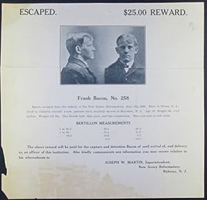 Escaped. Frank Bacon, No. 258. New Jersey Reformatory Wanted Handbill/Poster