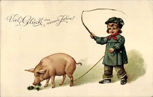 Ansichtskarte / Postkarte Glückwunsch Neujahr, Junge, Schwein, Glücksklee - EAS 5374