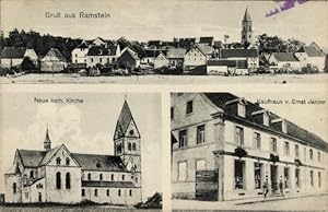 Bild des Verkufers fr Ansichtskarte / Postkarte Ramstein Miesenbach in der Pfalz, Katholische Kirche, Kaufhaus - Inh. Ernst Janzer zum Verkauf von akpool GmbH