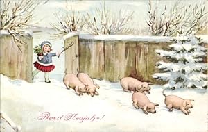 Ansichtskarte / Postkarte Glückwunsch Neujahr, Schweine im Schnee, Mädchen