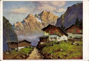 Künstler Ansichtskarte / Postkarte Hecker, J., Wohnhäuser, Berge, Berglandschaft, Dorfidyll