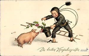 Ansichtskarte / Postkarte Glückwunsch Neujahr, Schornsteinfeger, Schwein, Stechpalmenzweige