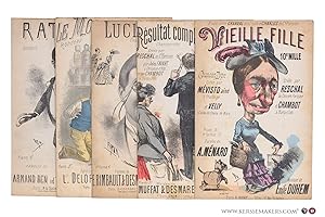 Seller image for 5 partititions musicales. Pt format: 1) Armand Ben et d'Herville. Ratafia! Aventure, racont�e par Baldy. Musique de Tac-Coen. Paris, Soci�t� Anonyme, 1881. - 2) L. Delormel. Le mollet de rose. Rondeau. Musique F. Vargues. Cr�e par Yvette Guilbert au Concert Parisien. G. Ondet �diteur, 1890. - 3) E. Rimbault & Desmarets. Lucie aussi. Chansonnette scie. Musique de L�opold Gangloff. Cr�ee par Libert � la Scala. Paris, Bassereau �diteur, 1891. - 4) Muffat & Desmarets. Paris-Sport, R�sultat complet des courses. Chanonnette. Musique de Lucien Del. Cr��e par Reschal au Ct. Parisien, par Jules Favart � l'Alcazar d'�t� et par Chambot � Ba-ta-clan. Grim, �diteur, D�p�t 1893. - 5) A. M�nard. Vieille fille. Chanson-type. Musique de �mile Duhem. 10e mille. Cr��e par M�visto Ain� � l'Horloge et Velly au Casino du Champ de Mars & cr��e par Reschal au Concert Parisien et Chambot � Ba-ta-clan. Paris, G. Voiry, 1893. for sale by Emile Kerssemakers ILAB
