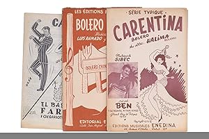 Seller image for 3 partititions musicales (Latin). Pt. format: 1) Obiol, S. Cal� Io. Tanguillo & A. Carcell�. El baston de fara�n. Fox-garrotin. - 2) Luis Ramadao & La Cueva. Bol�ro Chino (Bol�ro chinois). - 3) Sibec. Carentina. Bolero. Au verso: Halima. Bolero. Musique de Louis Grival et Jacques de Murvil. Cr�� par Ben y su Tropical Rythm Kings. Grand prix du disque 1955. for sale by Emile Kerssemakers ILAB