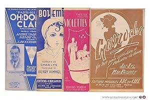Bild des Verk�ufers f�r 4 partitions musicales. Pt. format: 1) Andr� Mauprey et Henri Varna. Oh! donna Clara! Musique de J. Petersburski. Tango chant� cr�� par Pierre Meyer, Miss Florence et les Jackson Boys. Le grand succ�s de la Revue du Casino de Paris. Wiener Boh�me Verlag & �ditions Max Eschig, 1929-30. - 2) Char Lys (paroles), Henry Himmel (musique). Boh�mienne aux yeux noirs. Valse chant�e. Cr��e et enregistr�e par Tino Rossi. �d. H. Benjamin, 1937. - 3) Paul Achard, Ren� Jeanne & Henri Varna. Violettes imp�riales. Operette d'apr�s le film d'Henry Roussel. Musique Vincent Scotto. Th��tre Mogador. 1er Cahier (chant seul). �ditions Joubert, 1948. - 4) Jac-Lyl & Max-Francy. Gavroche. Fox-trot pour accord�on et orchestre de danse. �ditions musicales Arc-en Ciel, n.d. zum Verkauf von Emile Kerssemakers ILAB