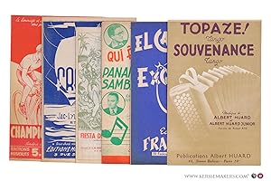 Bild des Verk�ufers f�r 6 partitions musicales. Pt format. (accord�on et orchestre de danse): 1) Panam' (paroles et musique). Vive Louison. Step - Marche chant� & -- Champion du monde (1954). Java. - 2) Jac-Lyl et Max-Francy. Fr�gate. Tango pour accord�on et orchestre de danse. - 3) L. Ferrett� et A. Carcelle. Fiesta de Sambas: Samba-Guaracha. Romantica Bahia: Samba Lenta. - 4) Andr� Astier. Qui �tes-vous? Un bol�ro. Raymond Boissi�re. Panama-samba. Un samba. - 5) Francis Baxter. El cacatoes. Ba�on. Sibec. Exquisito. Mambo. 6) Robert Ato. Topaze! Tango & Souvenance. Tango. Musique de Albert Huard et Albert Huard Junior. zum Verkauf von Emile Kerssemakers ILAB