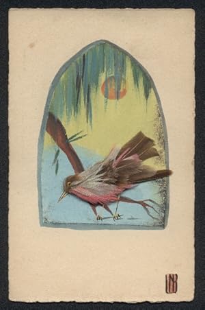 Echtfeder-Ansichtskarte Ein Vogel aus echten Federn auf dem Ast einer Trauerweide