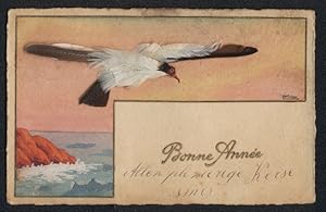 Echtfeder-Ansichtskarte Ein Seevogel aus echten Federn fliegt über die Küste